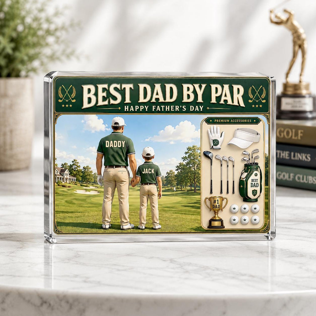 Personalized Golf Dad Acrylic Block, Custom Dad And Kids Photo Block, Best Dad By Par, Golfing Gift for Dad, Father's Day Gift for Dad