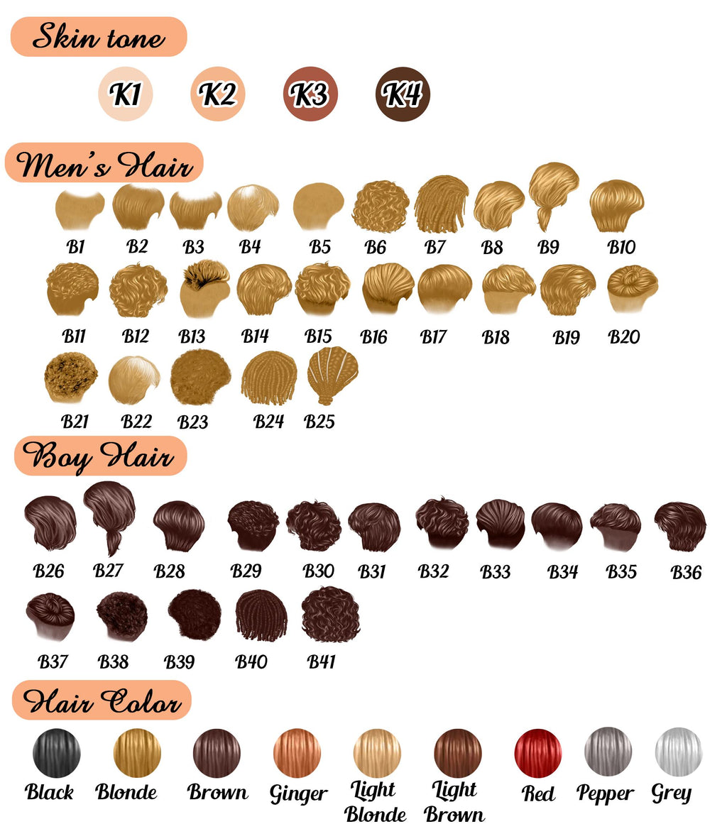 May include: A chart displaying options for skin tones, men's hair, boy hair, and hair colors. Skin tone options are labeled K1, K2, K3, and K4. Men's hair styles are labeled B1-B25. Boy hair styles are labeled B26-B41. Hair color options include black, blonde, brown, ginger, red, and grey.