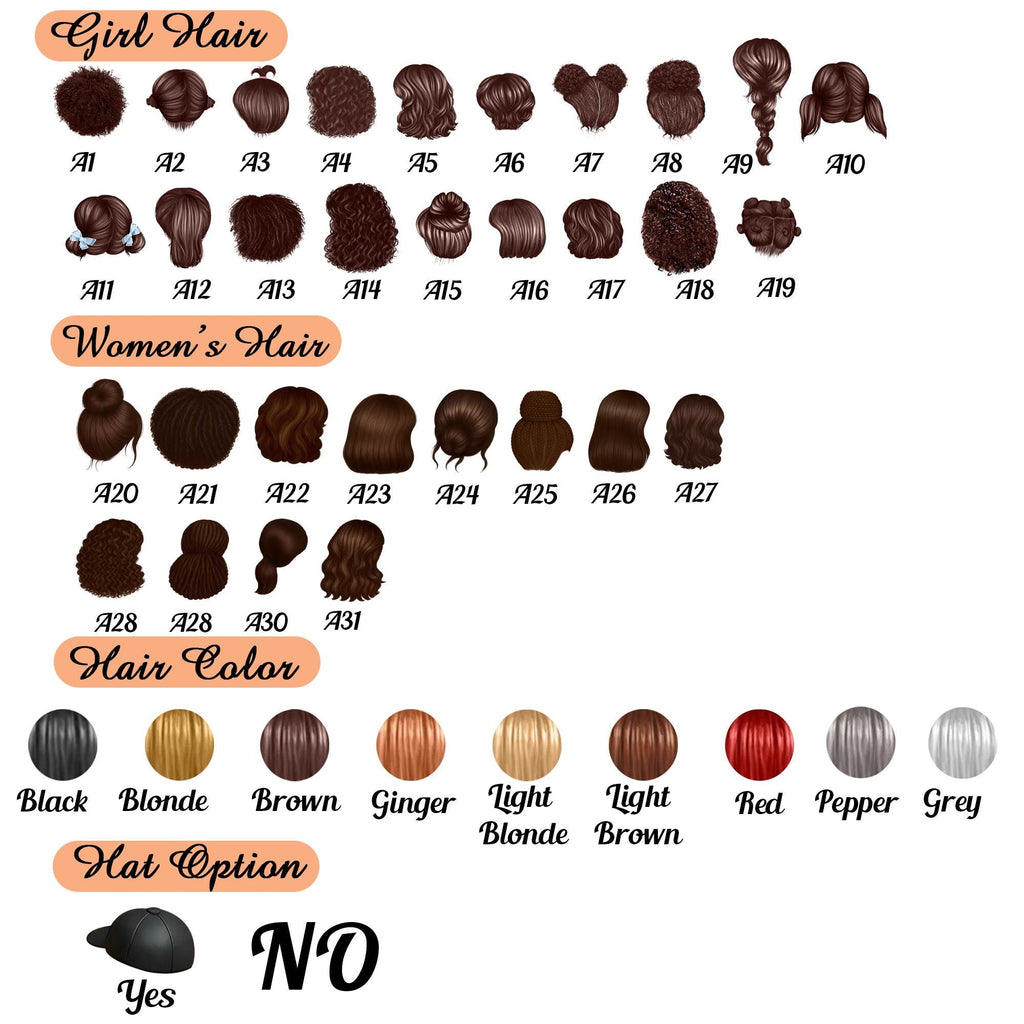 May include: A graphic featuring various hairstyles labeled "Girl Hair" and "Women's Hair", with options for hair color and a hat. Hair colors include black, blonde, brown, ginger, red, and grey. A hat option is available.