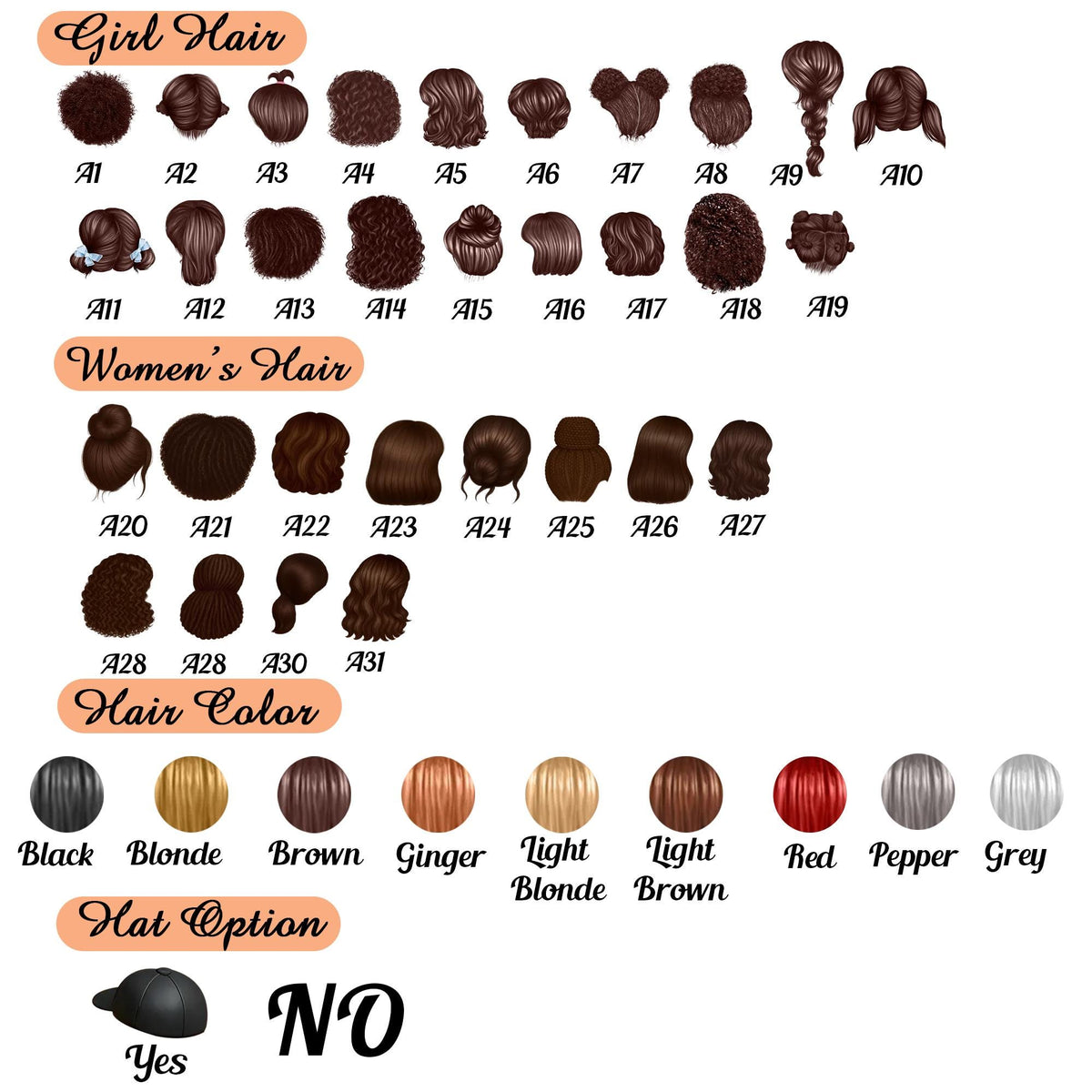 May include: A graphic featuring various hairstyles labeled "Girl Hair" and "Women's Hair", with options for hair color and a hat. Hair colors include black, blonde, brown, ginger, red, and grey. A hat option is available.