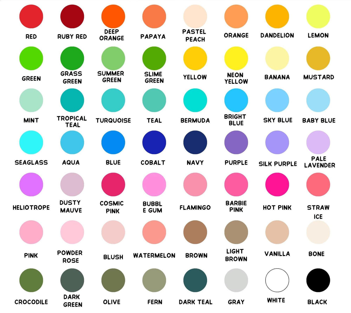 May include: A color chart featuring 60 different color swatches, each labeled with its name. Colors range from red and orange to green, blue, and purple, with shades like "Hot Pink" and "Sky Blue". The chart includes a variety of hues and tones.