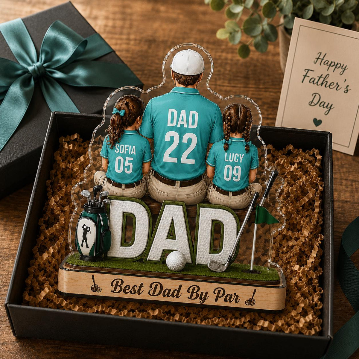 May include: A Father's Day gift set featuring a golf-themed acrylic ornament. The ornament shows a father and two daughters with the word "DAD" and the text "Best Dad By Par". The set is in a black gift box with a teal bow.