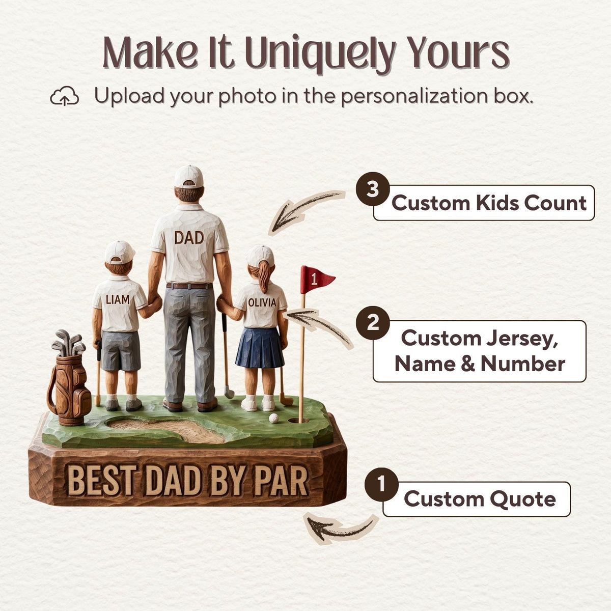 May include: A personalized golf-themed figurine featuring a father and two children. The figurine includes the text "BEST DAD BY PAR" and options for customization: custom quote, jersey name and number, and custom kids count. The image also includes the text "Make It Uniquely Yours".