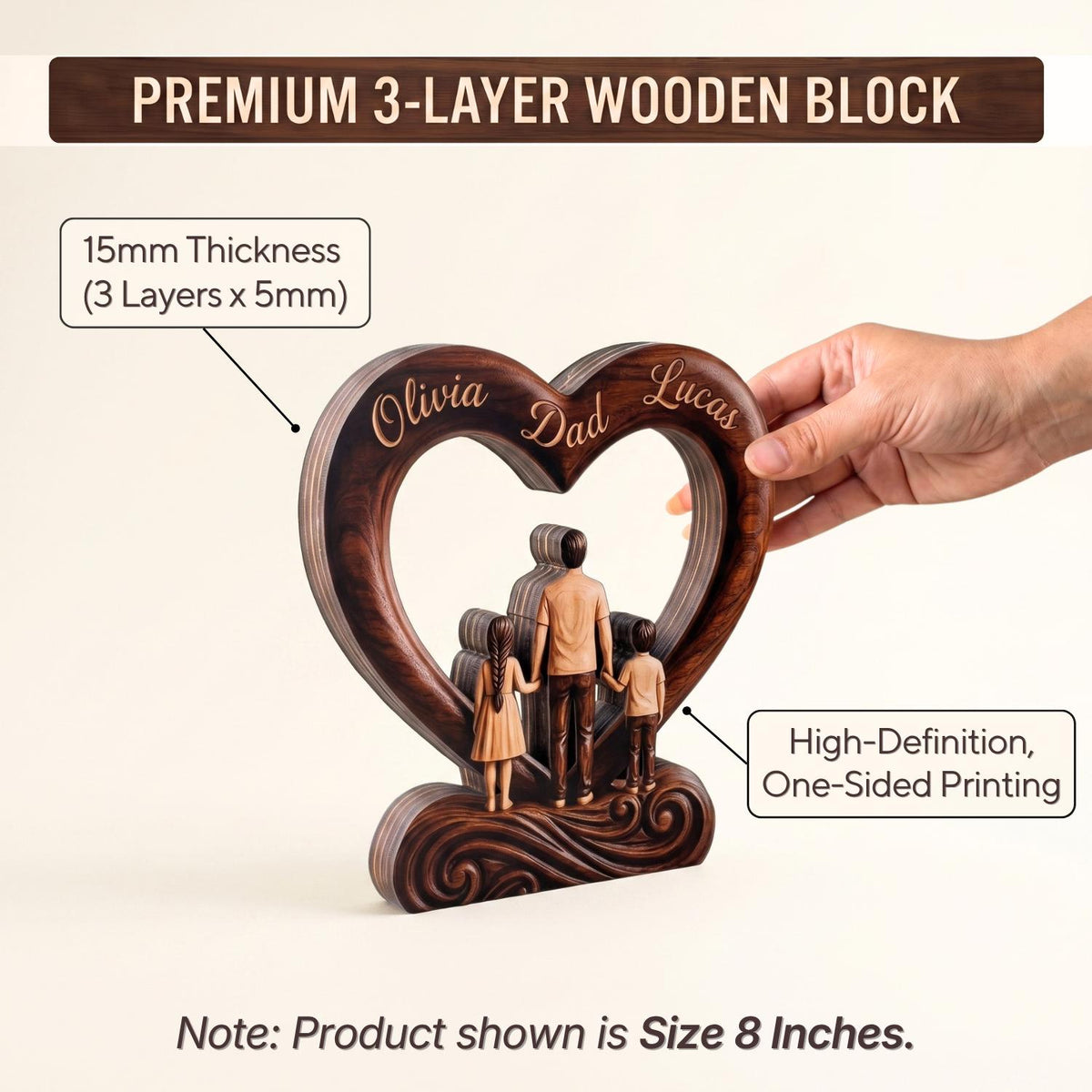 May include: A dark brown, 3-layer wooden block in the shape of a heart, featuring a family of four. The block is 8 inches tall and has the names "Olivia", "Dad", and "Lucas" engraved on it. The block is 15mm thick.