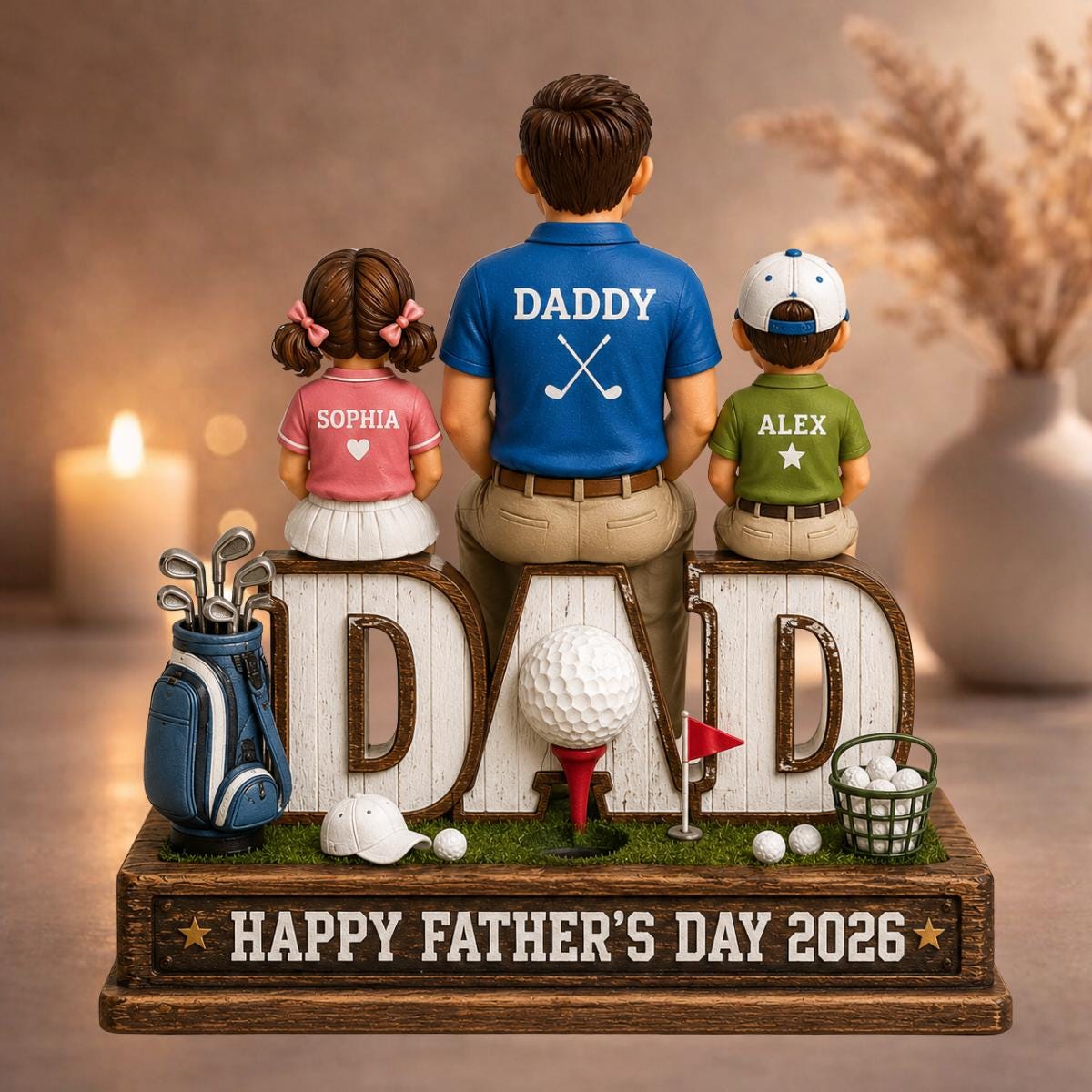 May include: A decorative Father's Day figurine featuring a father and two children, with the word "DAD" in large letters. The father wears a blue shirt with "DADDY" and a golf club graphic. The base reads "HAPPY FATHER'S DAY 2026". Includes golf accessories.