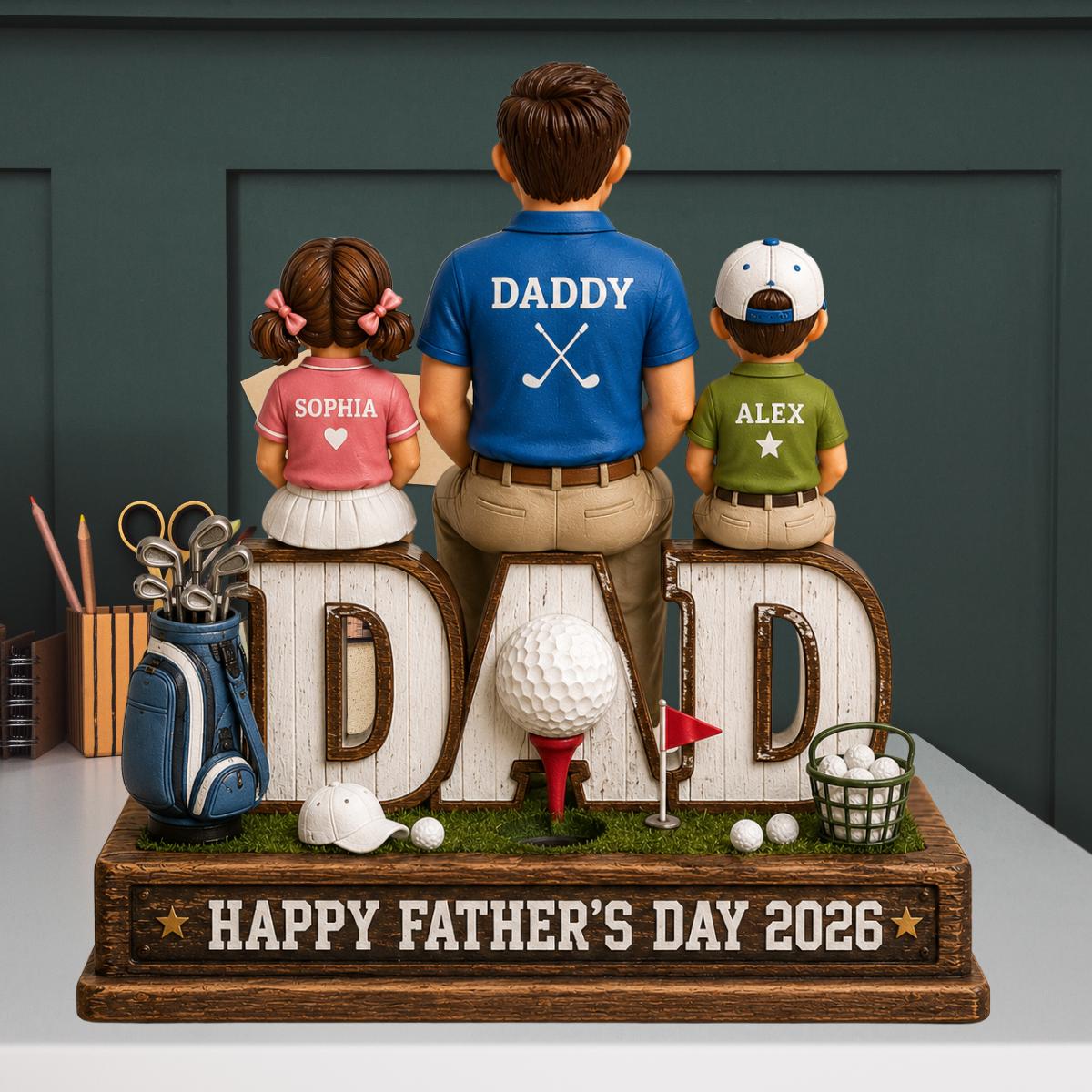 May include: A decorative Father's Day figurine featuring a father figure with two children. The word "DAD" is prominently displayed. The base reads "HAPPY FATHER'S DAY 2026". Golf-themed elements include a golf ball, tee, and a golf bag.