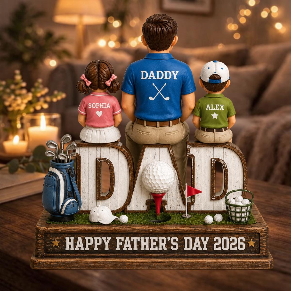 May include: A Father's Day figurine featuring a father and two children, with the word "DAD" in large letters. The father wears a blue shirt with "DADDY" on the back. The base reads "HAPPY FATHER'S DAY 2026".