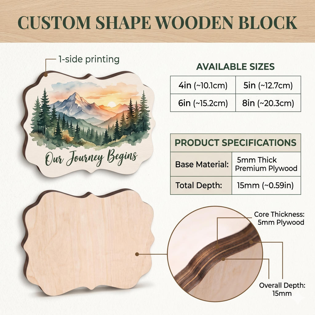 May include: Custom shape wooden block with a watercolor landscape design and the text "Our Journey Begins." Available sizes are 4in, 5in, 6in, and 8in. The base material is 5mm thick premium plywood, with a total depth of approximately 0.59 inches.