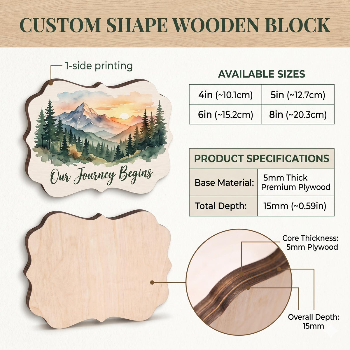 May include: Custom shape wooden block with a watercolor landscape design and the text "Our Journey Begins." Available sizes are 4in, 5in, 6in, and 8in. The base material is 5mm thick premium plywood, with a total depth of approximately 0.59 inches.