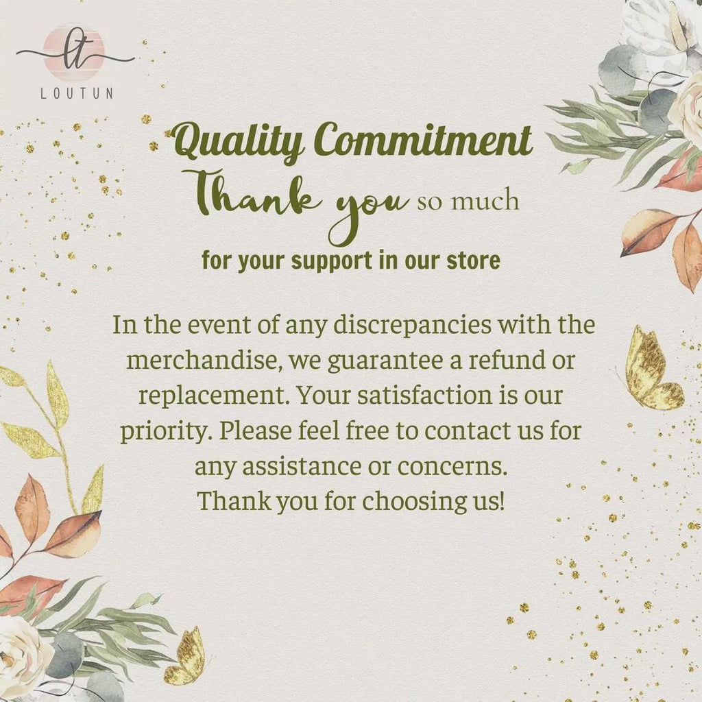 May include: A cream-colored card with the text "Quality Commitment" and "Thank you so much for your support in our store." The card also states a refund or replacement is guaranteed. Floral and butterfly illustrations are included.