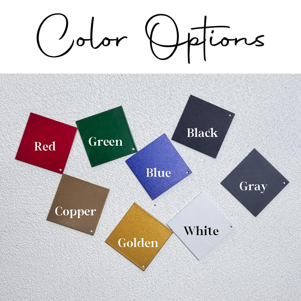 May include: Image showing color options: Red, Green, Blue, Black, Gray, Copper, Golden, and White. Each color is displayed on a square tile with the color name printed in white.