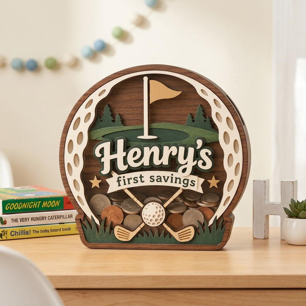 May include: A circular wooden piggy bank shaped like a golf ball with a dark wood grain background. It features a green golf course, a flag, and two crossed golf clubs. The text reads Henry's first savings in white lettering. The front is clear acrylic, showing various metal coins inside.