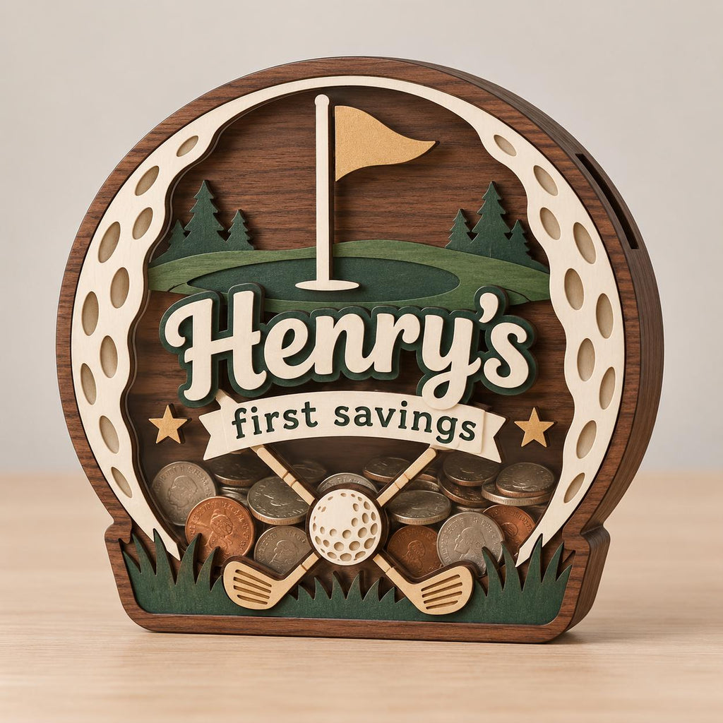 May include: A circular wooden piggy bank shaped like a golf ball with a cutout design. It features a green golf course, a flag, and two crossed golf clubs. The text reads Henry's first savings. The interior is filled with various metal coins.