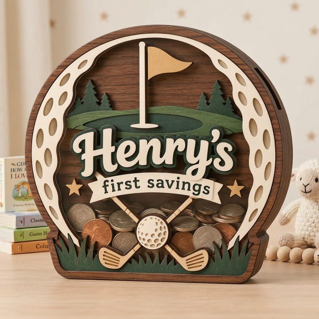 May include: A circular wooden piggy bank featuring a golf theme with a cutout golf ball pattern on the border. The center displays a green golf course, a flag, and two crossed golf clubs. It includes the text Henry's first savings in white.