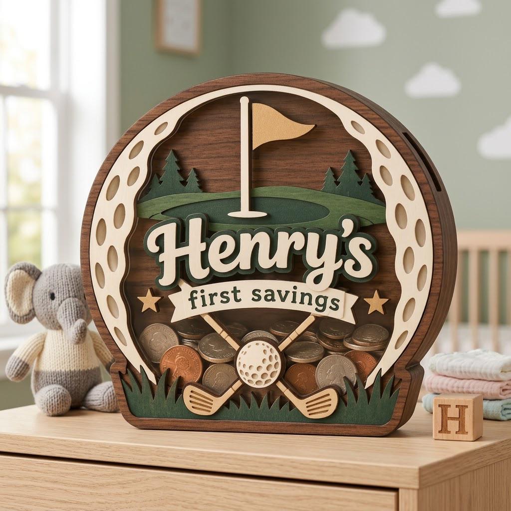 May include: A circular wooden piggy bank shaped like a golf ball with a dark wood frame. The center features a green golf course, a flag, and two crossed golf clubs. It displays the text Henry's first savings in white lettering.