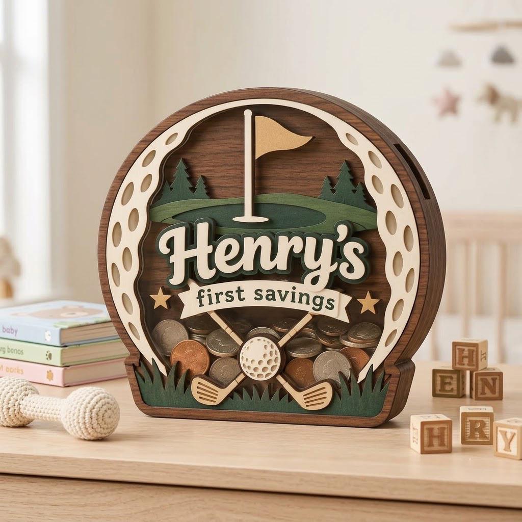 May include: A circular wooden piggy bank shaped like a golf ball with a dark wood frame. The center features a green golf course, a flag, and two crossed golf clubs. The text Henry's first savings is displayed in white lettering.