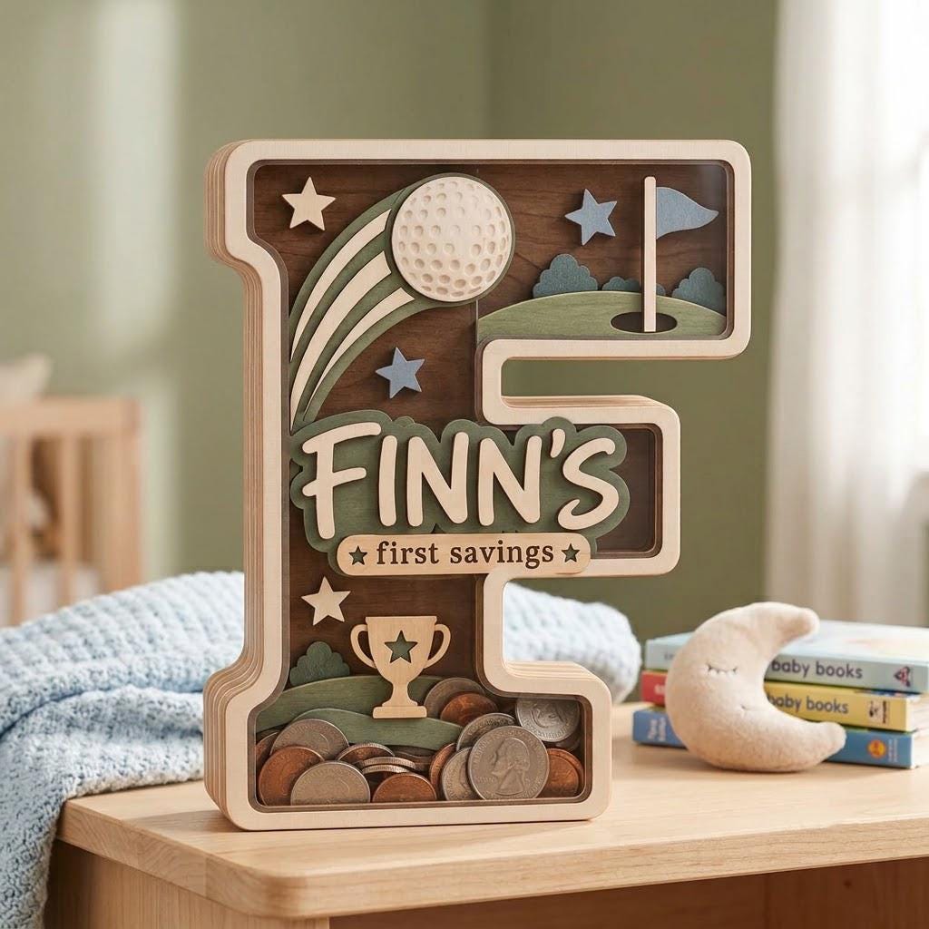 May include: A wooden letter F shaped piggy bank with a clear front panel containing assorted coins. The design features a golf ball, a flag, a trophy, and stars, with the text FINN'S first savings printed in the center in a layered wood style.