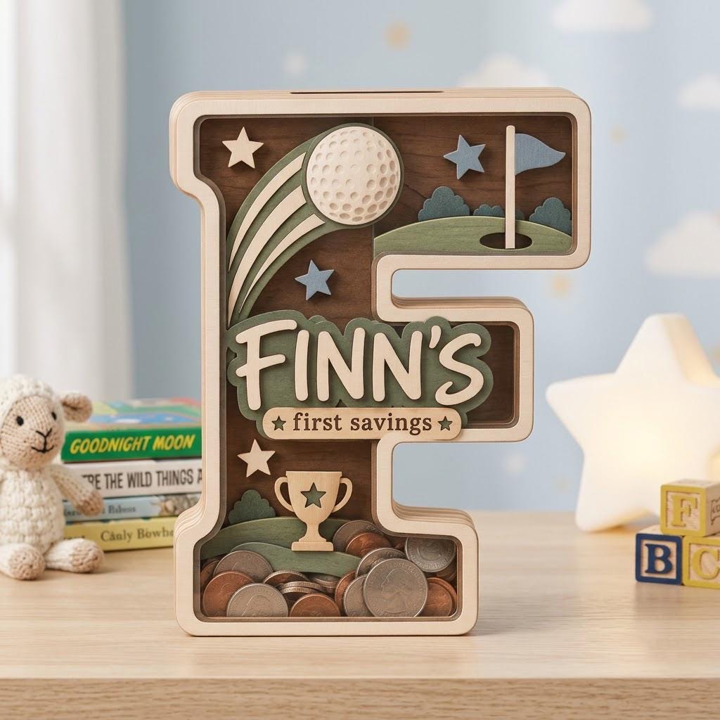 May include: A wooden letter F shaped piggy bank with a clear front panel. The interior features a golf theme with a golf ball, flag, and trophy. The text "FINN'S first savings" is displayed in the center. The bottom section contains various metal coins.