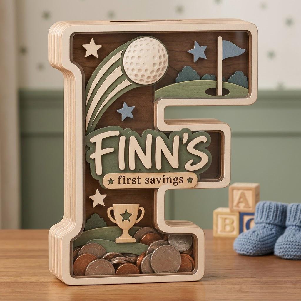 May include: A wooden letter F shaped piggy bank with a golf theme. The design features a golf ball, a flag, and a trophy. The text reads FINN'S first savings. The clear front panel displays various metal coins resting at the bottom of the bank.