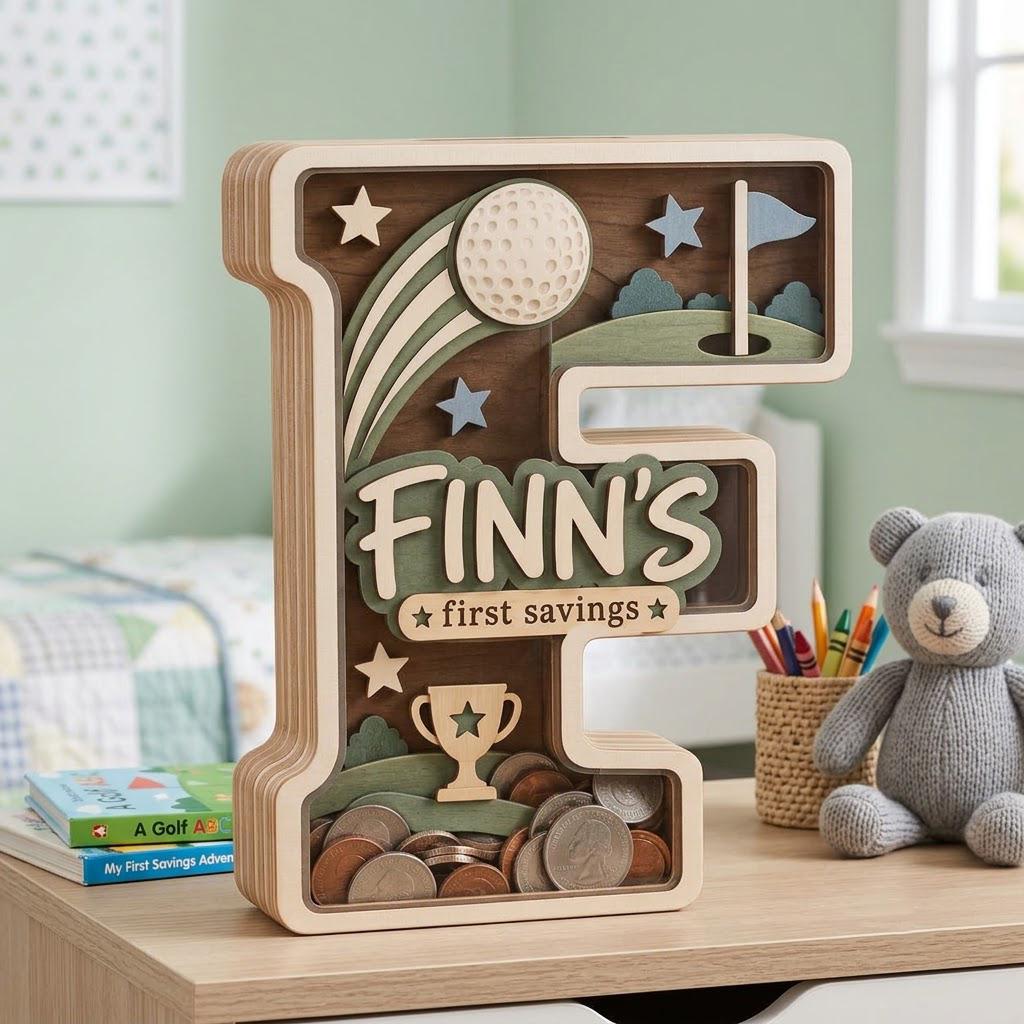 May include: A wooden letter F shaped piggy bank with a golf theme. The front features a golf ball, flag, and trophy cutout. The text FINN'S first savings is engraved in the center. The bottom section is a clear container filled with various coins.