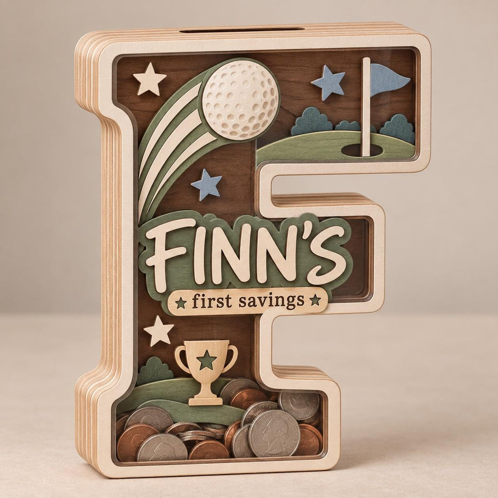 May include: A wooden letter F shaped piggy bank with a golf theme. The design features a golf ball, a flag, a trophy, and stars. The text reads FINN'S first savings. The bottom section is a clear window filled with various metal coins.