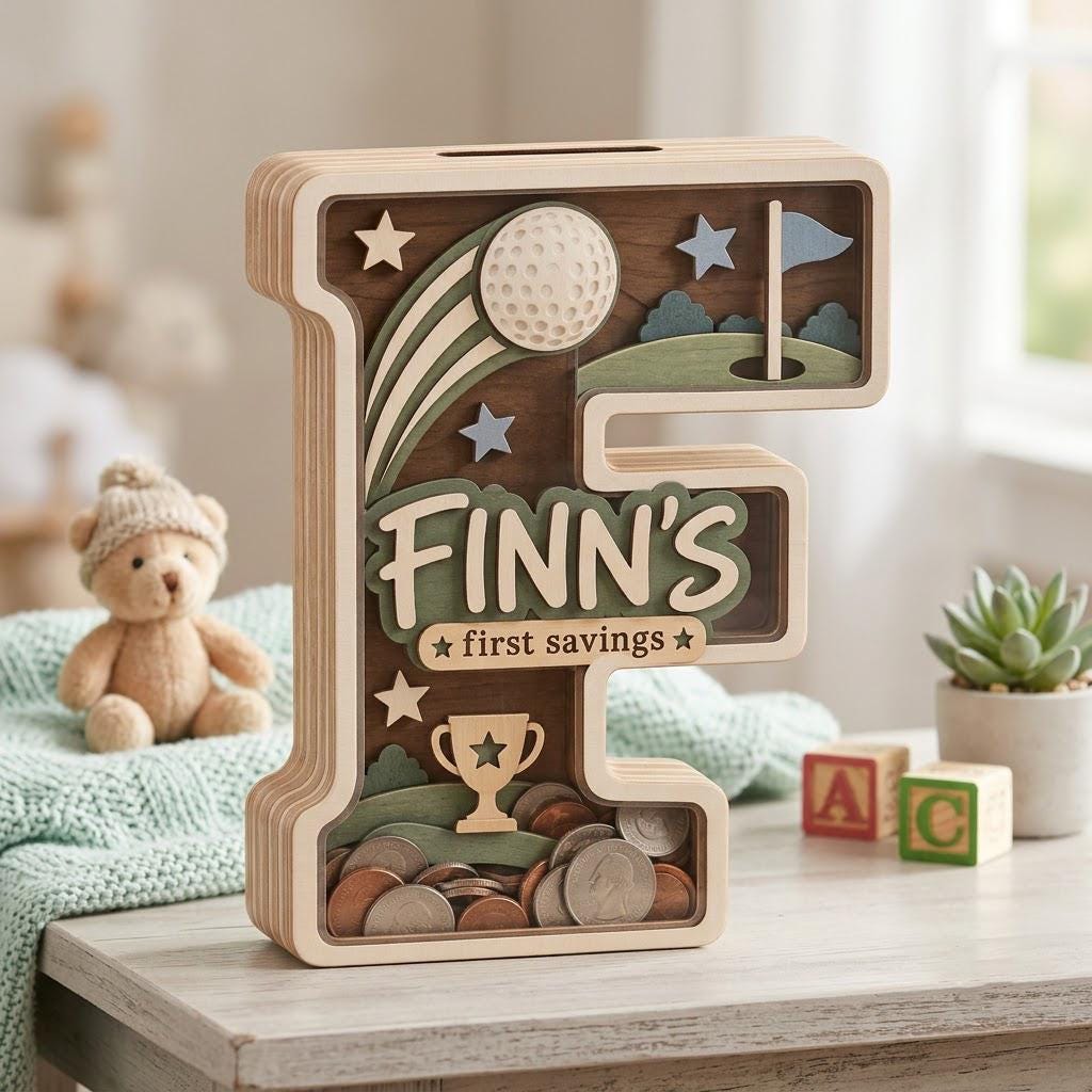 May include: A wooden letter F shaped piggy bank with a golf theme. The design features a golf ball, a flag, and a trophy. The text "FINN'S first savings" is printed in the center. The bottom section is a clear container filled with various coins.