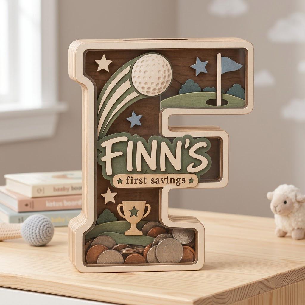May include: A wooden letter F shaped piggy bank with a clear front panel. The interior features a golf theme with a golf ball, flag, and trophy. The text reads FINN'S first savings. The bottom section contains various metal coins.