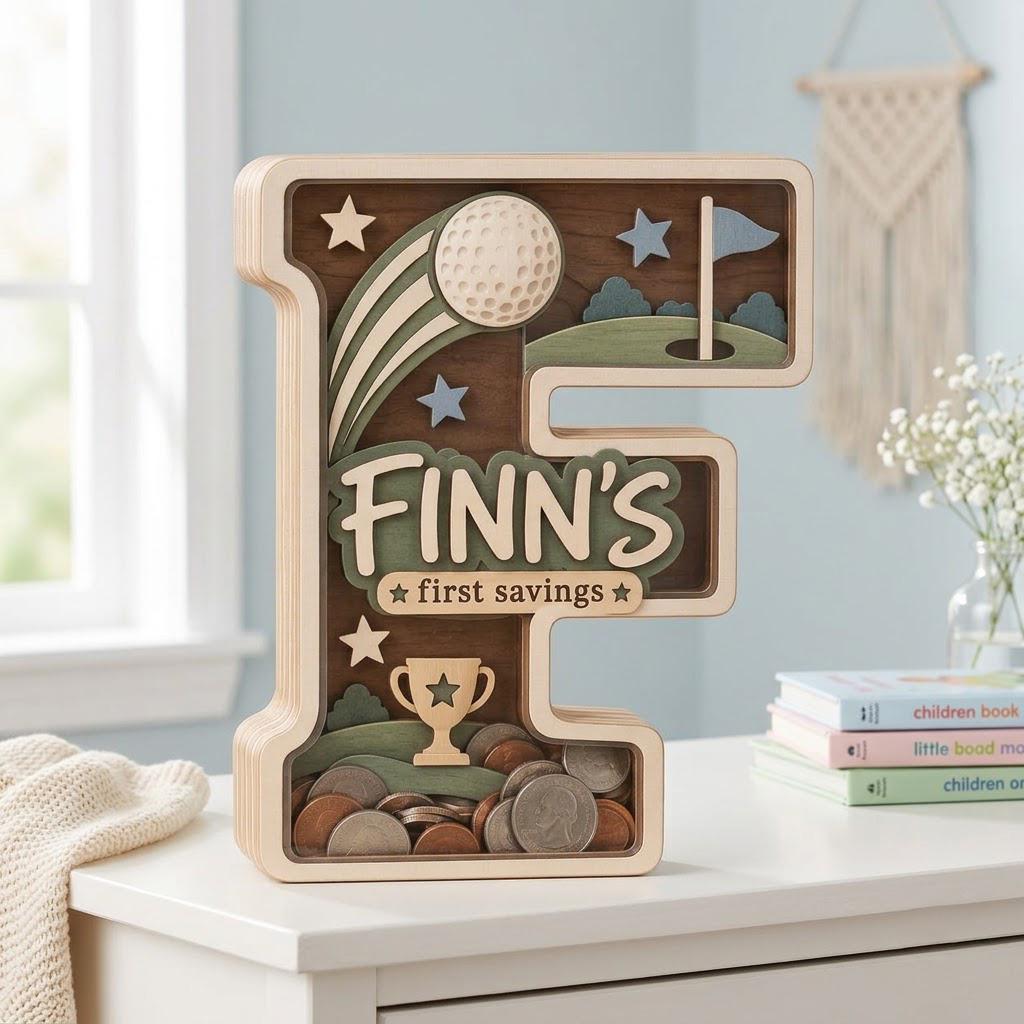 May include: A wooden letter F shaped piggy bank with a golf theme. The design features a golf ball, a flag, and a trophy. The text "FINN'S first savings" is engraved on the front. The bottom section is a clear container filled with various coins.