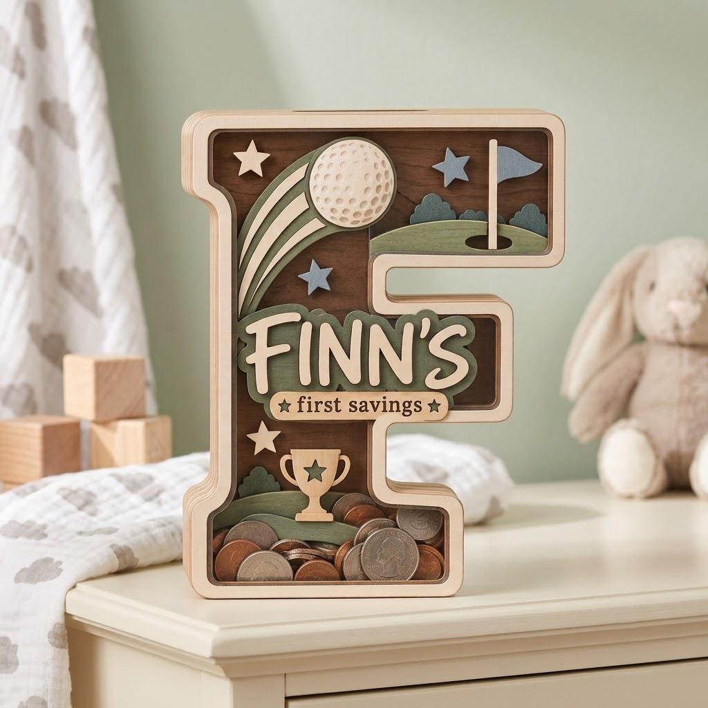 May include: A wooden letter F shaped piggy bank with a golf theme. The design features a golf ball, a flag, and a trophy. The text FINN'S first savings is printed in the center. The bottom section is clear and filled with various metal coins.