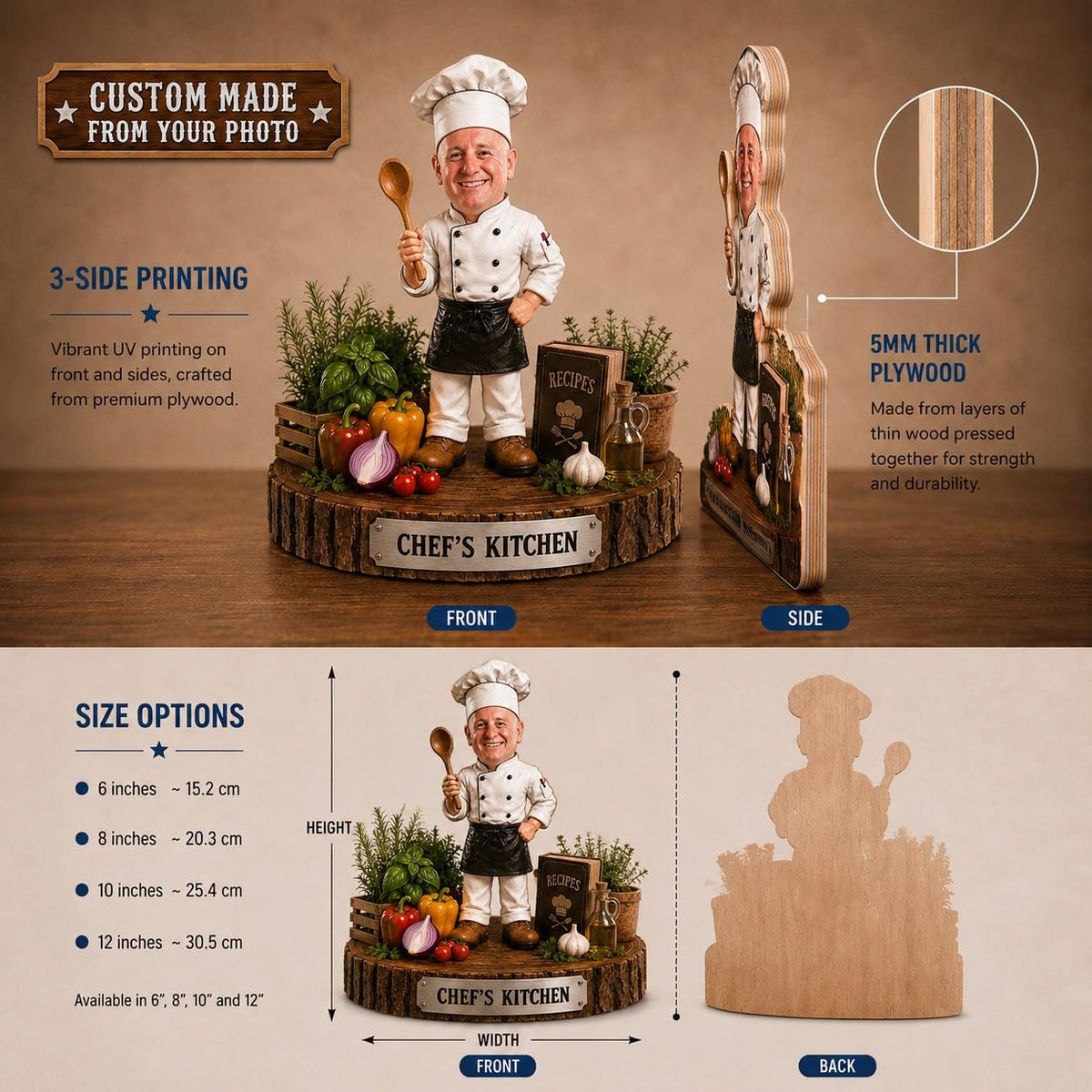 May include: A custom plywood chef figurine standing on a circular wooden base labeled CHEF'S KITCHEN. The chef wears a white uniform and hat, holding a wooden spoon. The base includes miniature vegetables, herbs, and a recipe book. 5mm thick plywood.