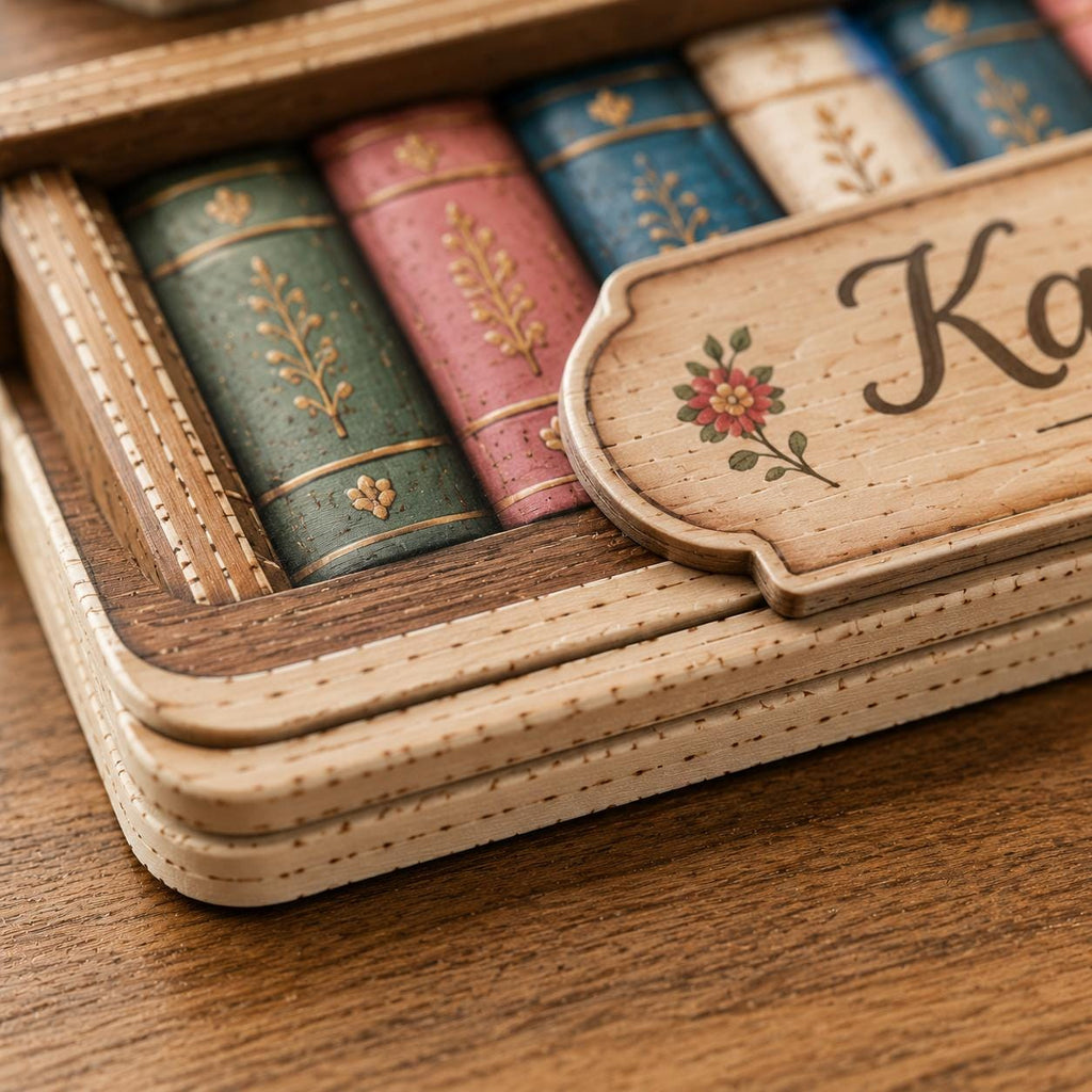 May include: A wooden box featuring a layered frame design with a light-colored front panel displaying a floral graphic and the partial text Ka. Inside, a row of miniature book spines in green, pink, blue, and cream colors with gold leaf patterns.