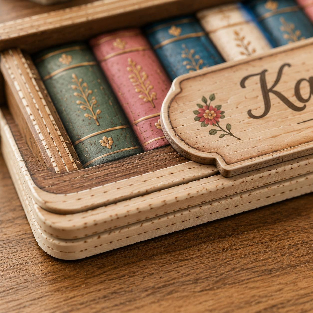 May include: A wooden box featuring a layered frame design with a light-colored front panel displaying a floral graphic and the partial text Ka. Inside, a row of miniature book spines in green, pink, blue, and cream colors with gold leaf patterns.