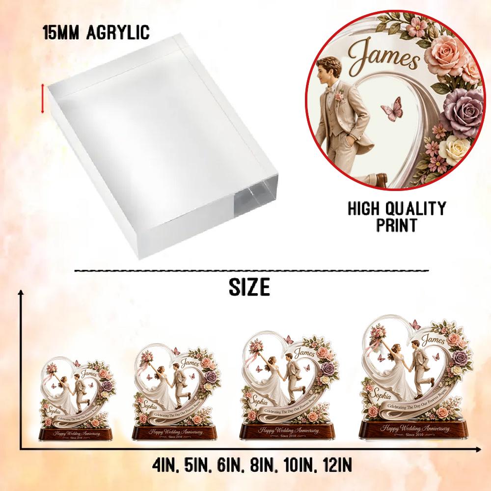 May include: A rectangular 15mm acrylic block and four heart-shaped wedding anniversary plaques in sizes 4, 5, 6, 8, 10, and 12 inches. The plaques feature a printed illustration of a couple, floral accents, and the text James and Sophia.