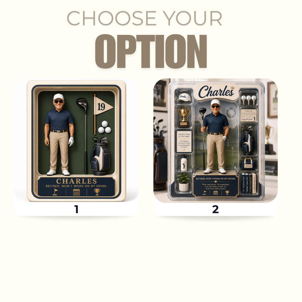 May include: Two display options for a custom golf-themed action figure set. Option 1 shows a figure named Charles with a golf club, bag, and flag. Option 2 includes the figure, a trophy, golf balls, and accessories in a clear plastic blister pack.