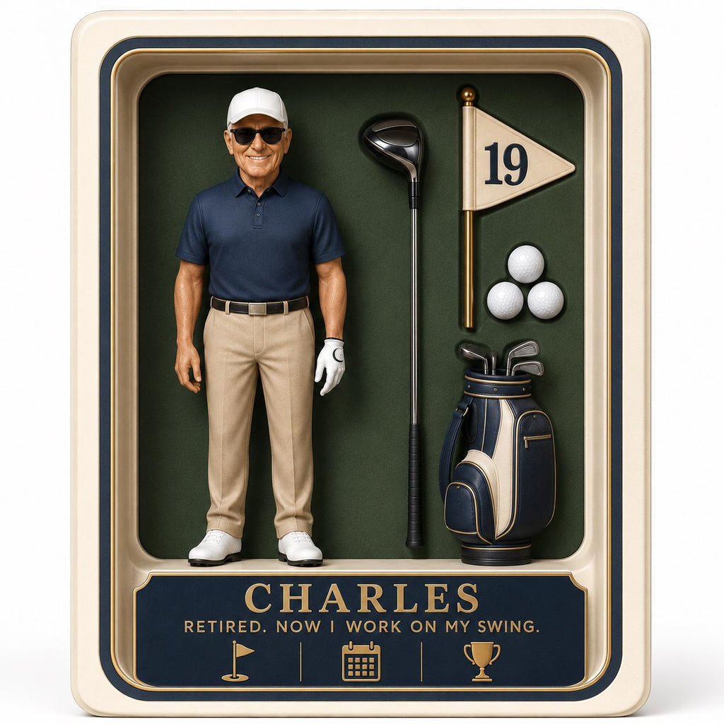 May include: A collectible action figure of a golfer wearing a white cap, sunglasses, navy polo, and khaki pants, displayed in a box with a golf club, three balls, and a flag marked 19. The box features the text CHARLES RETIRED. NOW I WORK ON MY SWING.