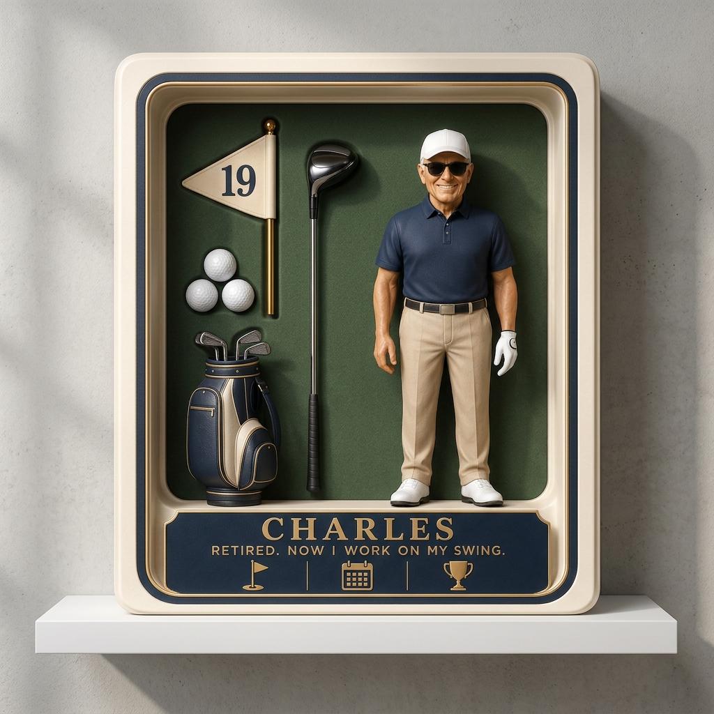 May include: A rectangular shadow box display featuring a figurine of a golfer in a navy polo and tan trousers, a golf club, three white balls, and a flag marked 19. The base text reads: CHARLES. RETIRED. NOW I WORK ON MY SWING, with golf icons.
