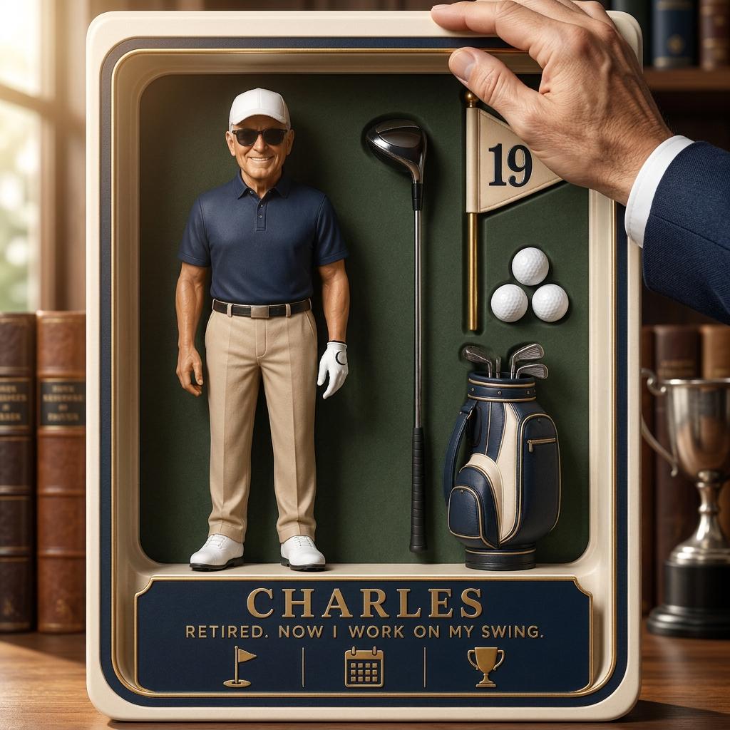 May include: A display box containing a figurine of a golfer wearing a navy polo, khaki pants, white cap, and sunglasses. Included are a golf club, a flag marked 19, three golf balls, and a golf bag. The base text reads: CHARLES RETIRED. NOW I WORK ON MY SWING.