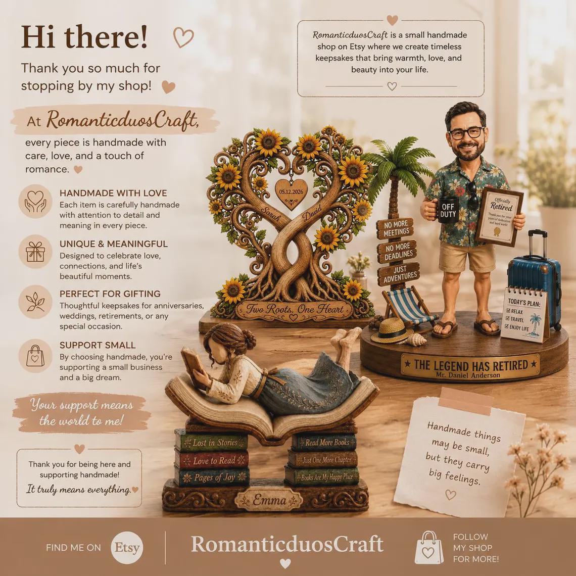 May include: A collection of three decorative figurines featuring a heart-shaped tree with sunflowers, a person reading a book while lying on a stack of books, and a person standing next to a palm tree, a suitcase, and a signpost with text.