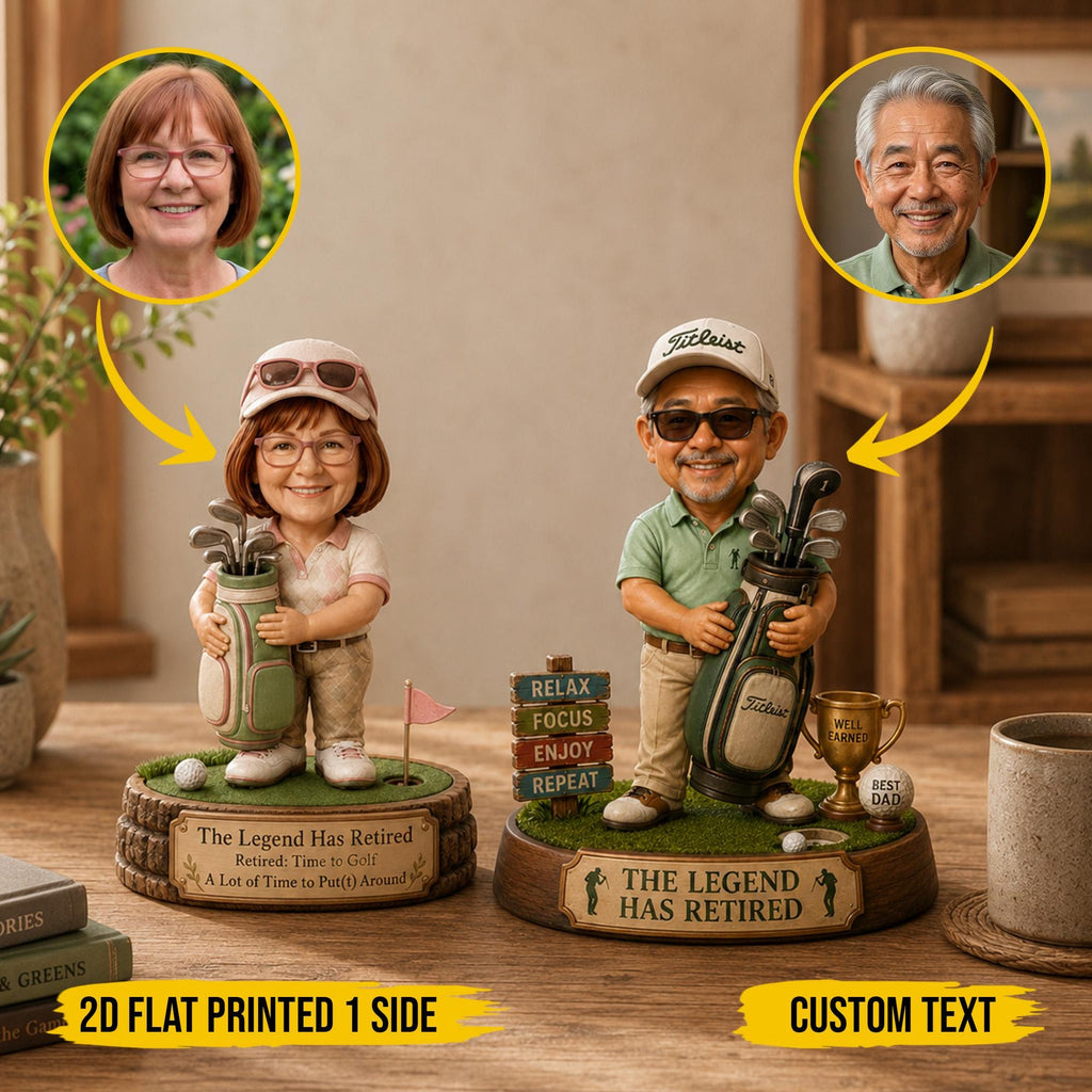 May include: Two custom bobblehead figurines depicting a woman and a man dressed in golf attire, each holding a golf bag. The bases feature text including The Legend Has Retired, Relax, Focus, Enjoy, Repeat, and Well Earned Best Dad on a trophy.