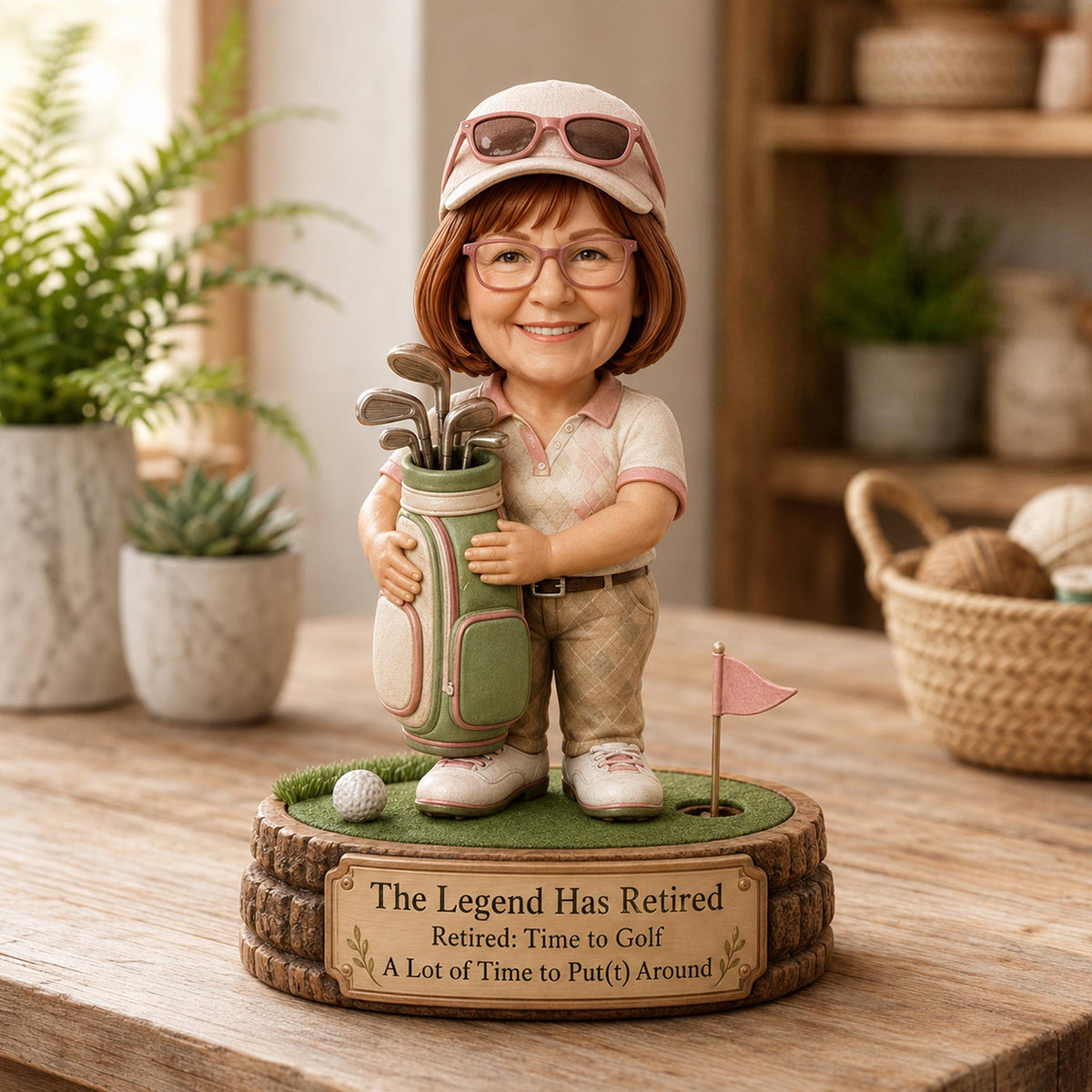 May include: A bobblehead figurine of a golfer wearing a pink polo shirt, plaid pants, glasses, and a cap with sunglasses on top. The figure holds a golf bag with clubs. The base features a golf hole, a ball, a flag, and the text: The Legend Has Retired.