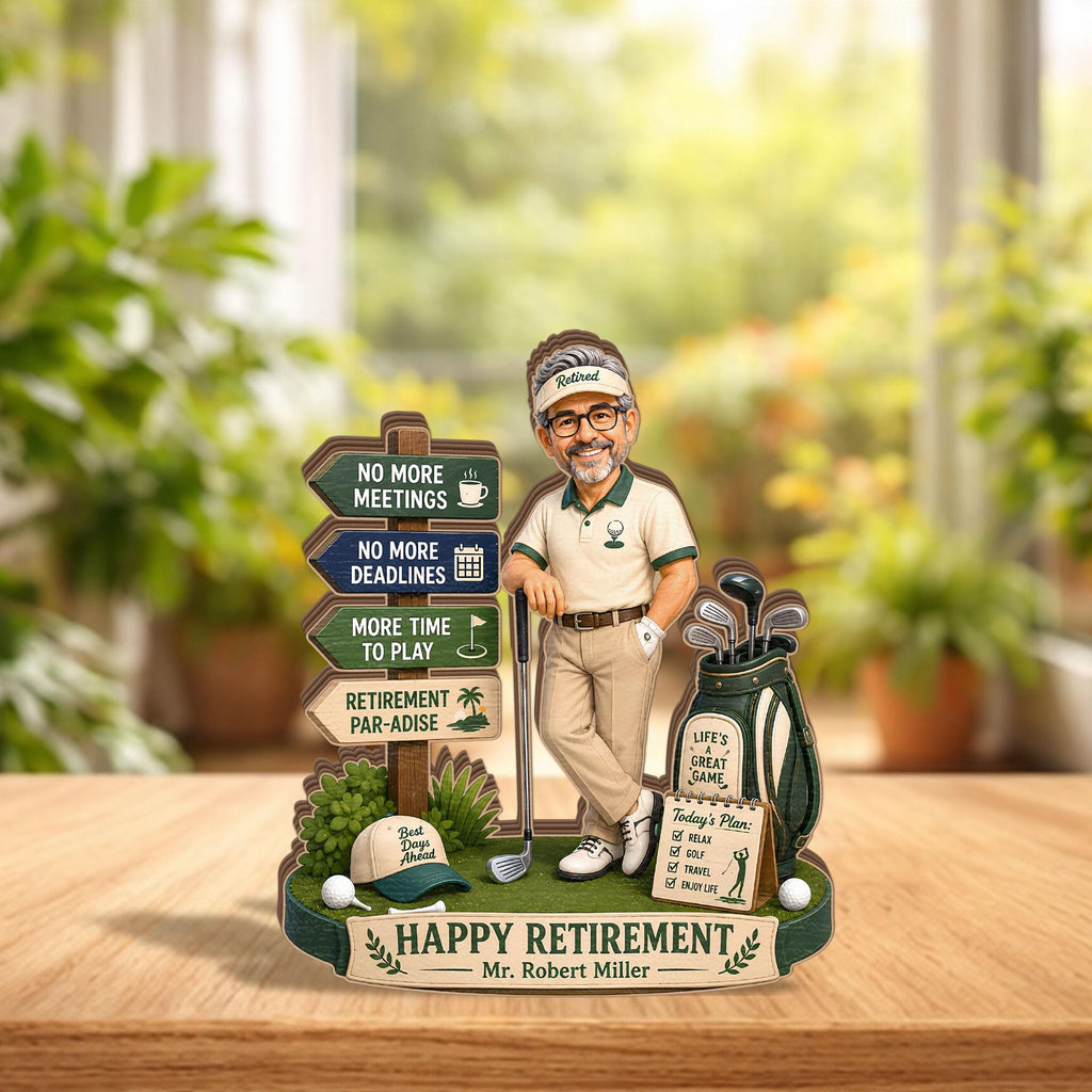 May include: A decorative retirement sign featuring a cartoon golfer with glasses and a visor, a golf bag, and a wooden signpost with text including No More Meetings, No More Deadlines, More Time To Play, Retirement Par-adise, and Happy Retirement Mr. Robert Miller.