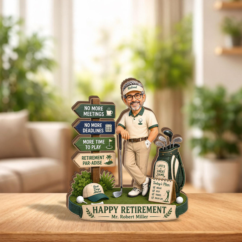 May include: A decorative retirement plaque featuring a cartoon golfer leaning on a club next to a golf bag and signpost. The signs read No More Meetings, No More Deadlines, More Time To Play, and Retirement Par-adise. Text includes Happy Retirement Mr. Robert Miller.