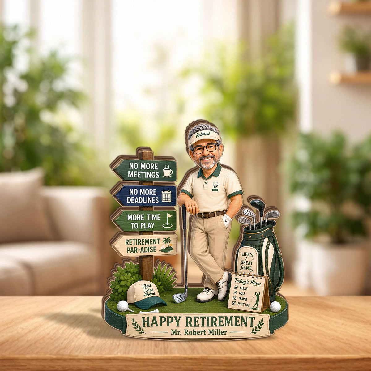 May include: A decorative retirement plaque featuring a cartoon golfer leaning on a club next to a golf bag and signpost. The signs read No More Meetings, No More Deadlines, More Time To Play, and Retirement Par-adise. Text includes Happy Retirement Mr. Robert Miller.