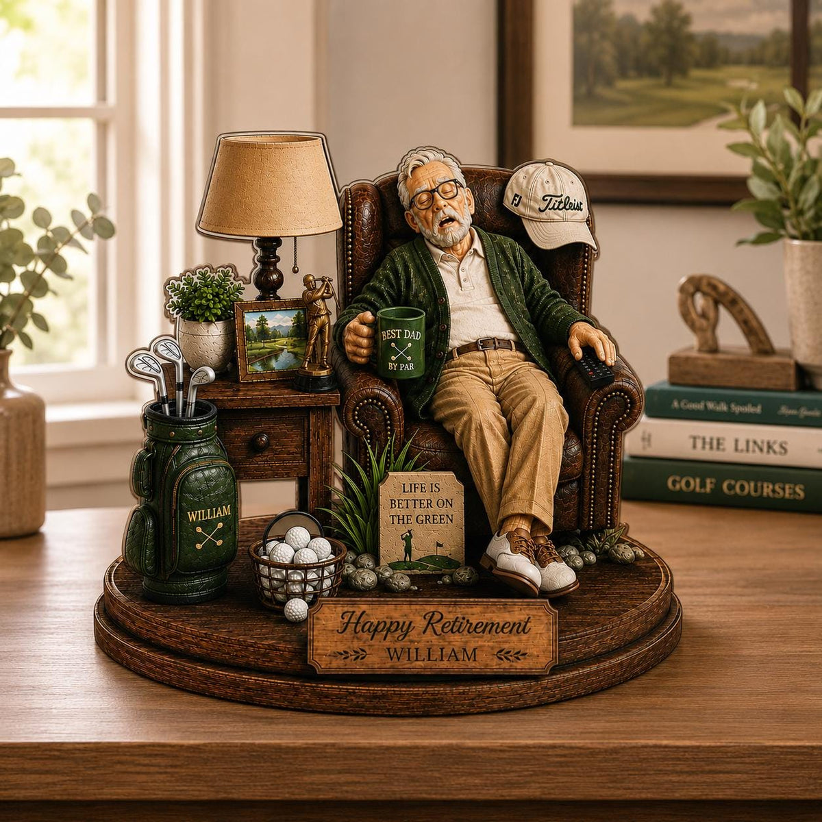 May include: A decorative figurine of an older person resting in a brown leather armchair, holding a green mug labeled 'BEST DAD BY PAR'. The base features a sign reading 'Happy Retirement WILLIAM' and a golf bag with the name 'WILLIAM'.