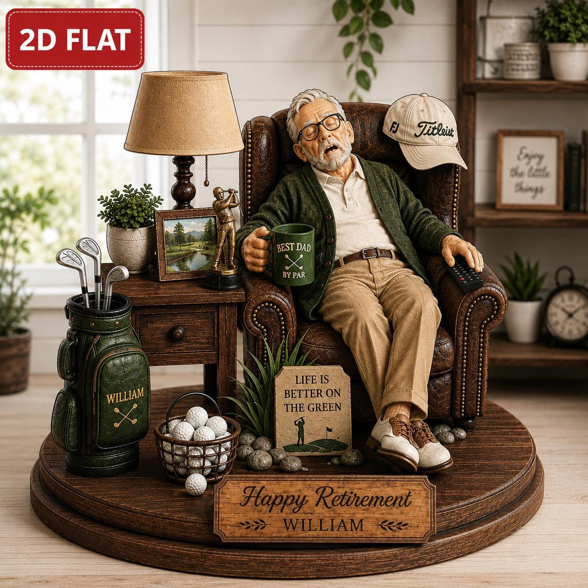 May include: A figurine of an older person with glasses sleeping in a brown leather armchair, holding a green mug labeled Best Dad By Par. Includes a golf bag, a basket of golf balls, a lamp, and a sign reading Happy Retirement William.