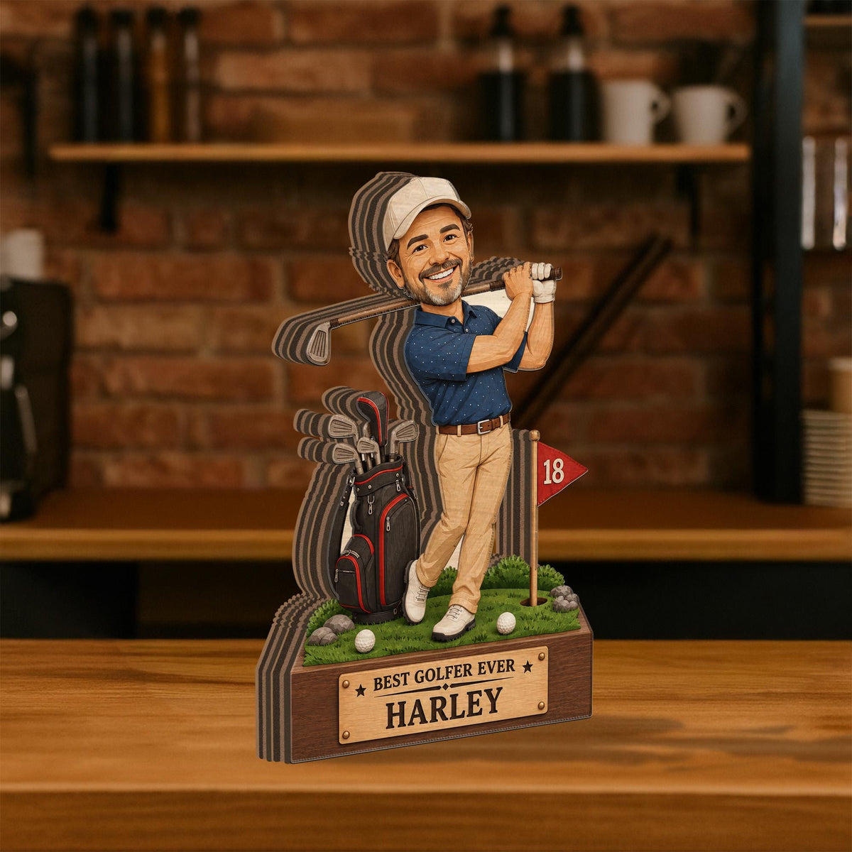 May include: A layered wooden cutout figurine of a golfer wearing a blue polo shirt, tan trousers, and a white cap, holding a golf club. Beside the figure is a black golf bag, a red flag marked 18, and a base with the text BEST GOLFER EVER HARLEY.