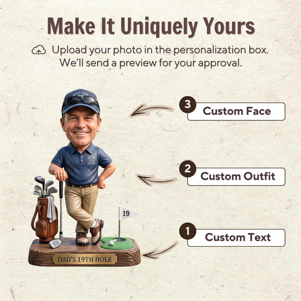 May include: A custom bobblehead figure of a golfer wearing a navy blue polo shirt, khaki pants, and a navy cap with sunglasses. The figure stands on a base labeled DAD'S 19TH HOLE with a golf bag, a golf club, and a flag marked 19. Text includes Make It Uniquely Yours.