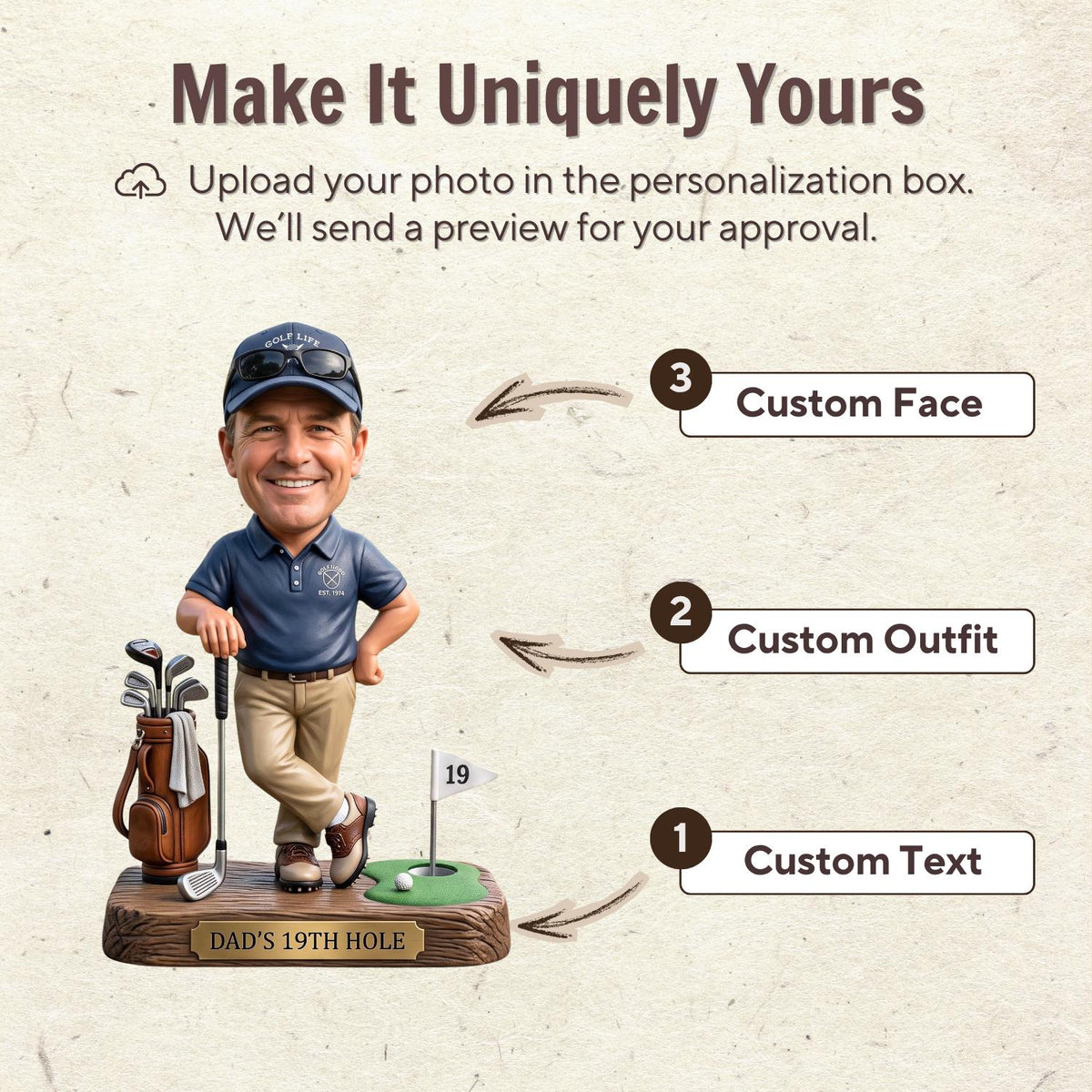 May include: A custom bobblehead figure of a golfer wearing a navy blue polo shirt, khaki pants, and a navy cap with sunglasses. The figure stands on a base labeled DAD'S 19TH HOLE with a golf bag, a golf club, and a flag marked 19. Text includes Make It Uniquely Yours.