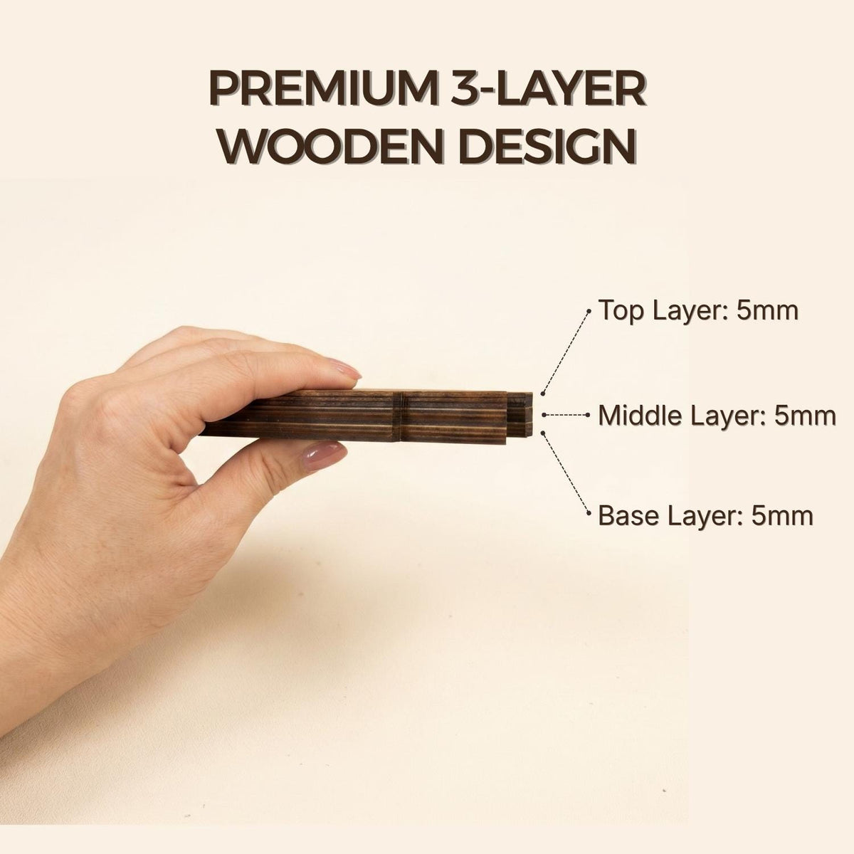 May include: A dark brown wooden object with a premium 3-layer wooden design. The text reads PREMIUM 3-LAYER WOODEN DESIGN. Labels indicate three layers, each measuring 5mm: Top Layer: 5mm, Middle Layer: 5mm, and Base Layer: 5mm.