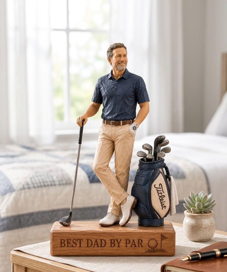 May include: A figurine of a man wearing a navy blue polo shirt and khaki pants, standing next to a golf bag with Titleist branding. The figure holds a golf club and rests on a wooden base engraved with the text BEST DAD BY PAR and a golf flag icon.